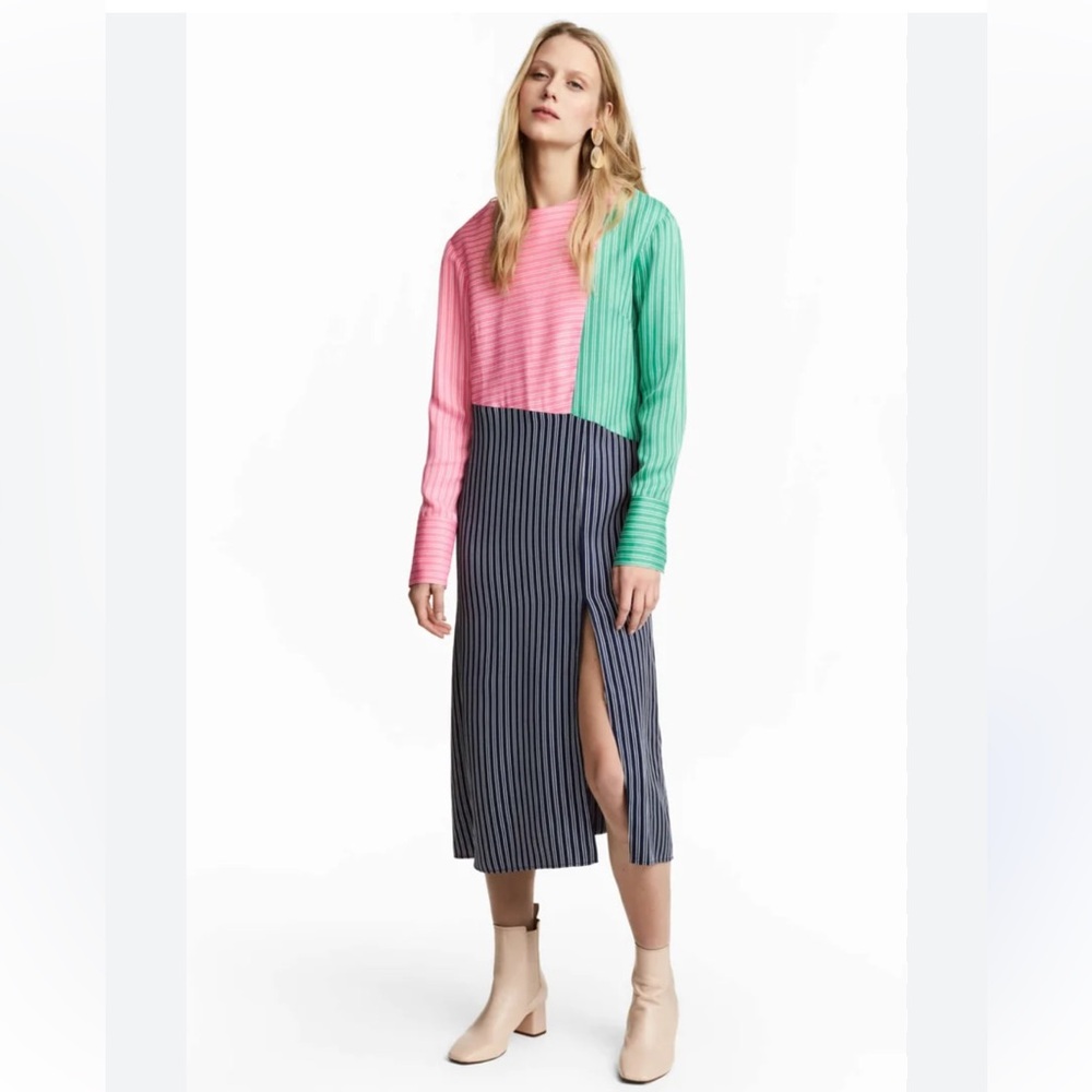 H&M Colorblock Pink and Mint Ribbed Sweater Dress with Navy Pinstripe Skirt